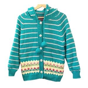 Teal Striped Hooded Cardigan Pom Pom Fair Isle Cottagecore Sweater Whimsical